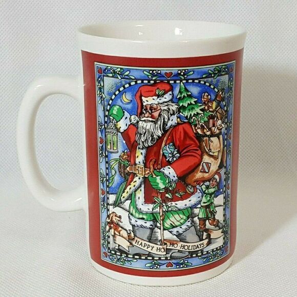 Santa Coffee Mug Ceramic Puppy Elf Happy Holidays Christmas Papel Freelance - Picture 1 of 4